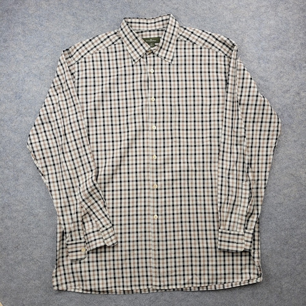 Zegna Shirt Mens 2XL Ermenegildo Beige Check Button Front Long‎ Sleeve Italy